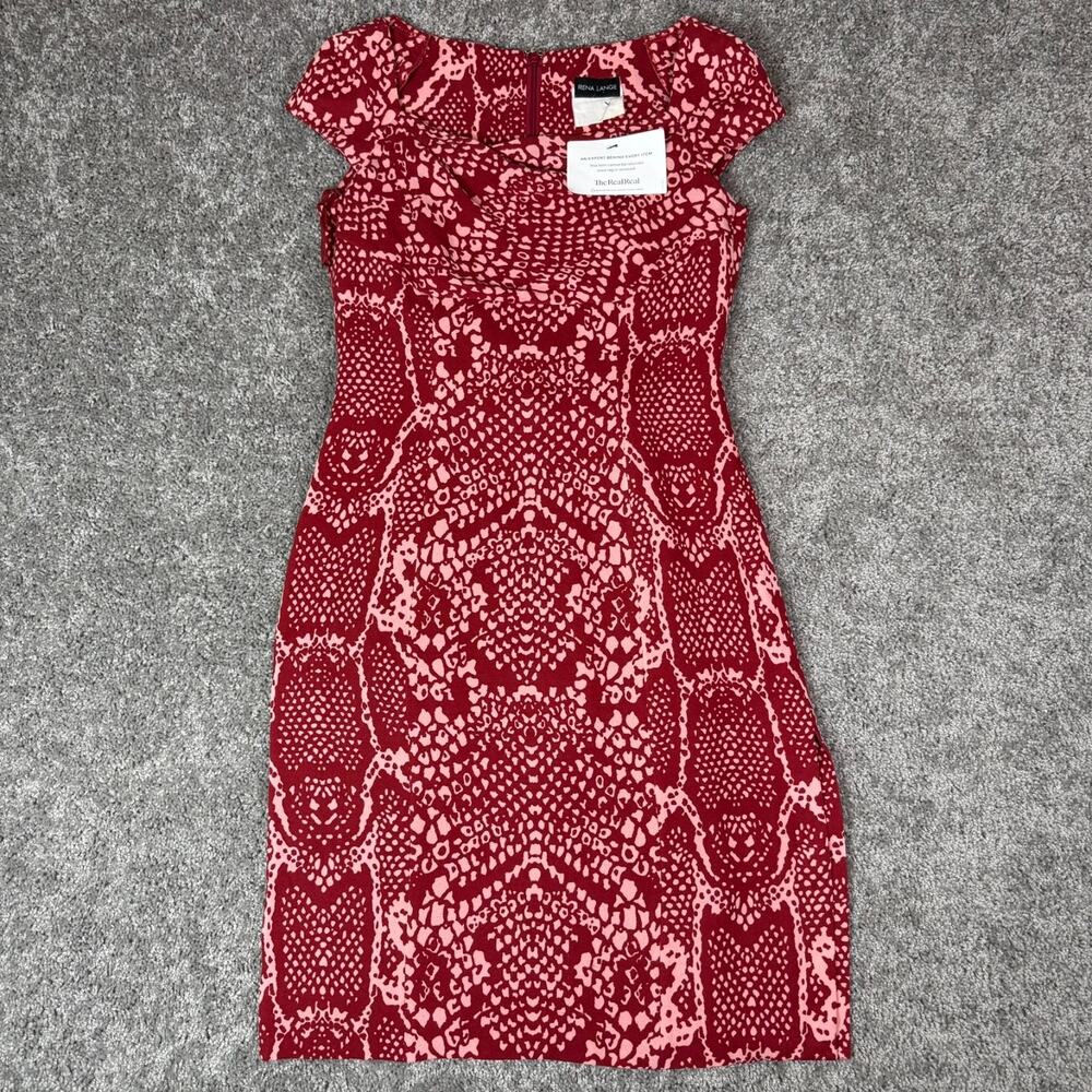 Rena Lange Womens Silk Snake Print Short Sleeve Cowl Neck Dress Red Pink Size Sm
